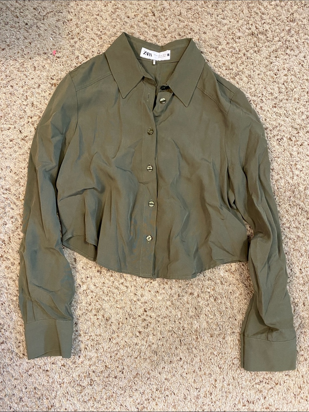 Zara Cropped Olive Button-Down Shirt